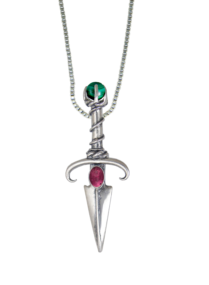 Sterling Silver Black Prince's Knife Dagger Pendant With Pink Tourmaline And Malachite